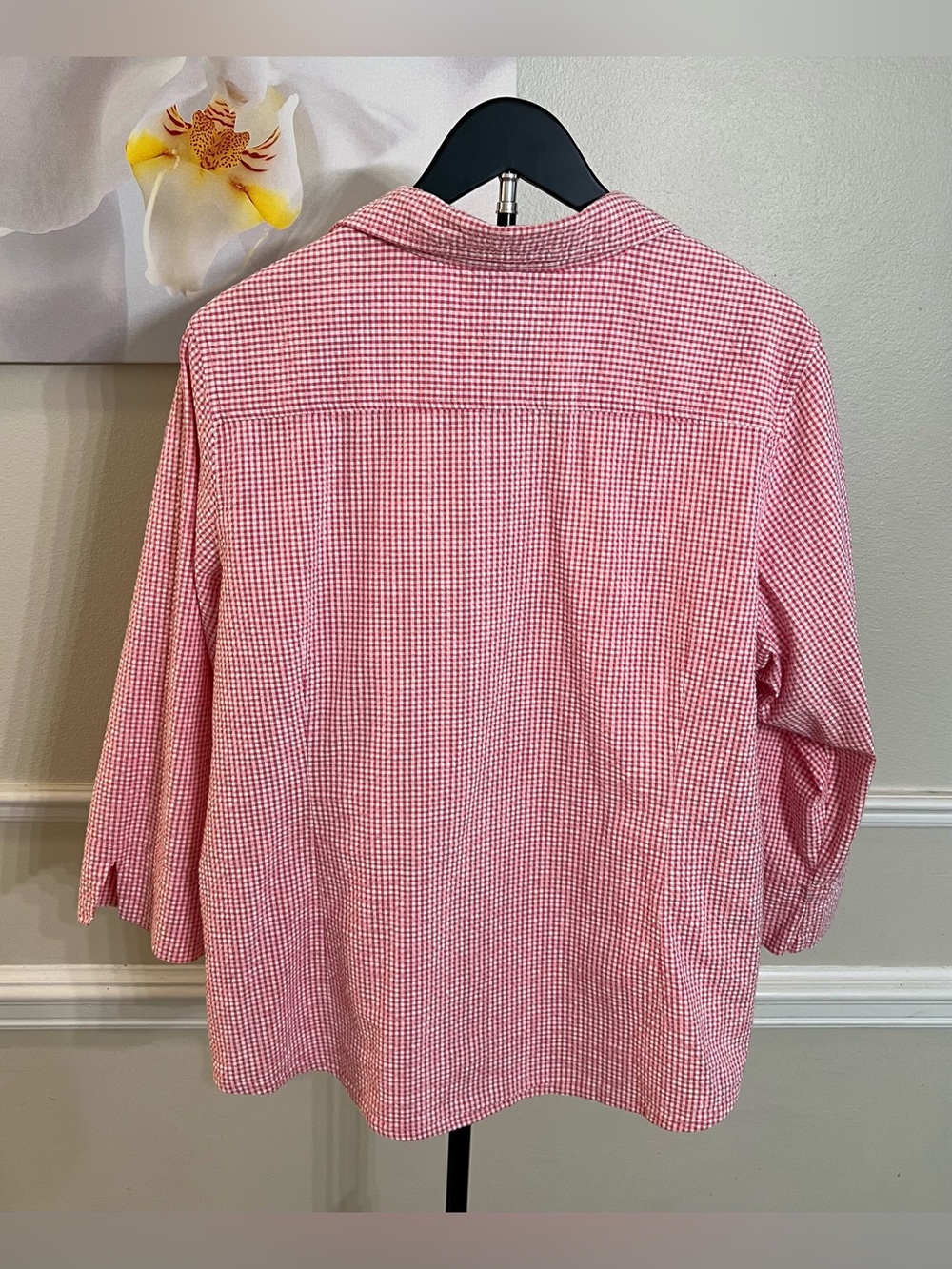 Denim & Co. Button-Down Red and White Gingham Pattern 3/4 Sleeves! Size 1X. - Picture 6 of 11